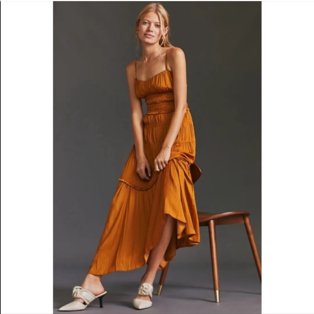 Anthropologie Ruched Tiered Satin Slip Midi Dress Gold
